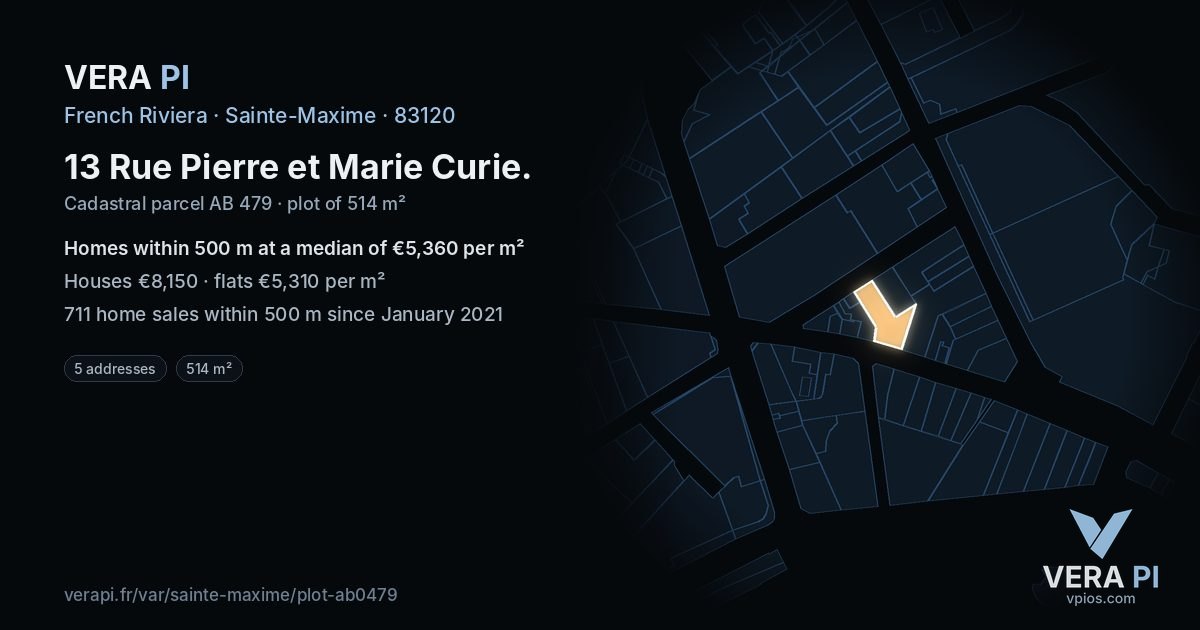 13 Rue Pierre et Marie Curie, Sainte-Maxime at night – the plot lit, the parcels around coloured by the prices near them