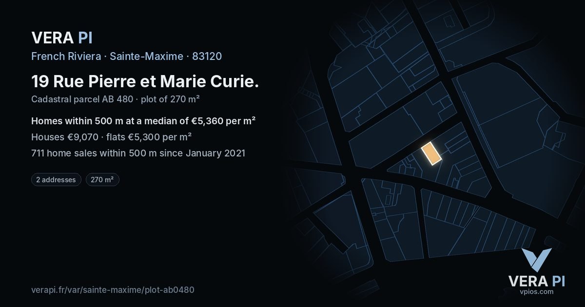 19 Rue Pierre et Marie Curie, Sainte-Maxime at night – the plot lit, the parcels around coloured by the prices near them