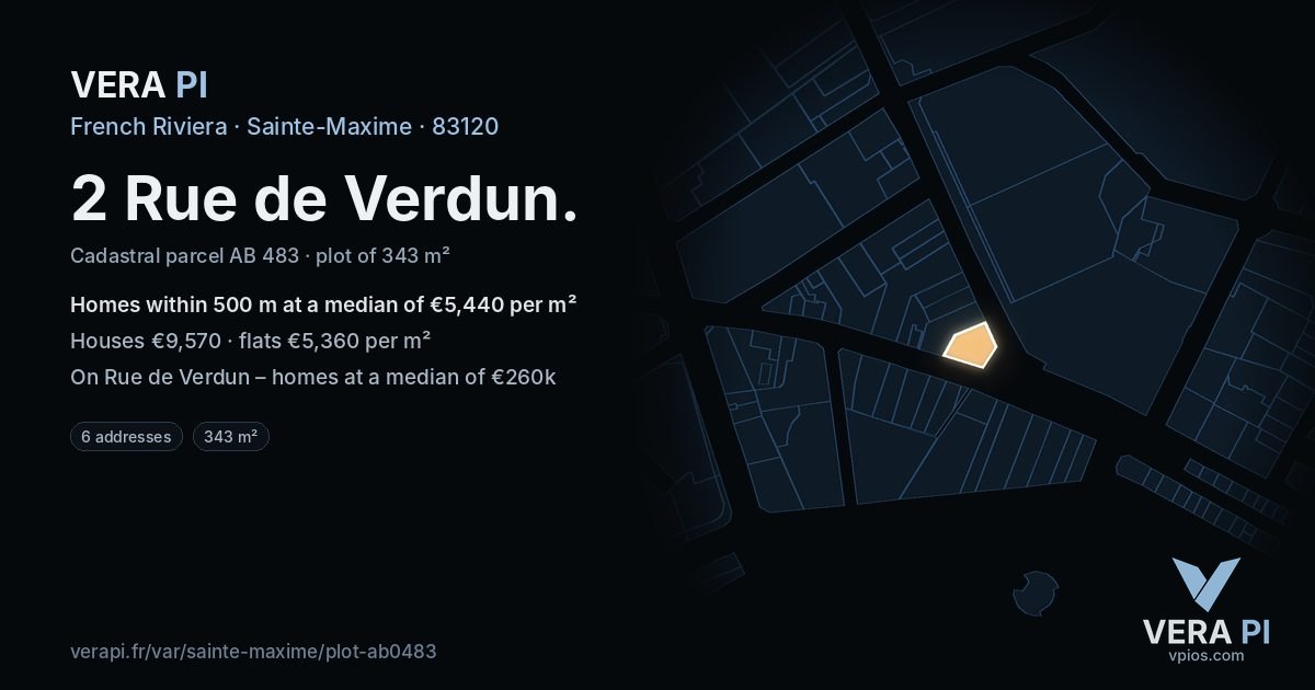 2 Rue de Verdun, Sainte-Maxime at night – the plot lit, the parcels around coloured by the prices near them