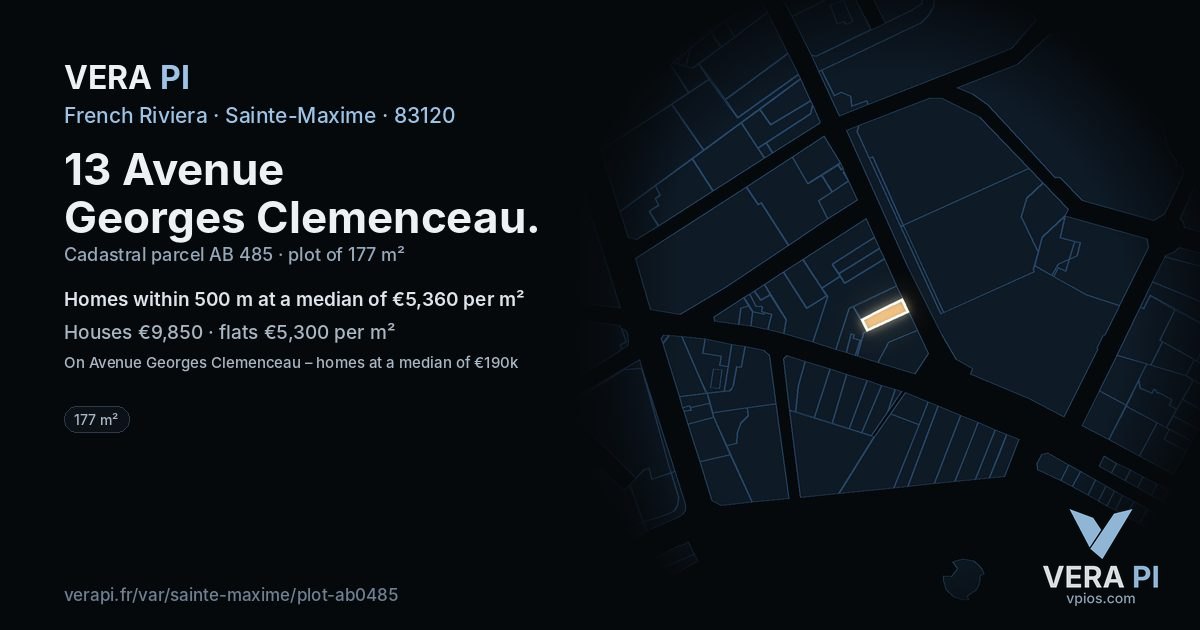 13 Avenue Georges Clemenceau, Sainte-Maxime at night – the plot lit, the parcels around coloured by the prices near them