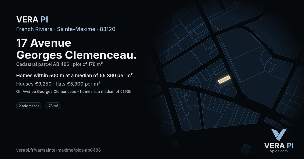 17 Avenue Georges Clemenceau, Sainte-Maxime at night – the plot lit, the parcels around coloured by the prices near them