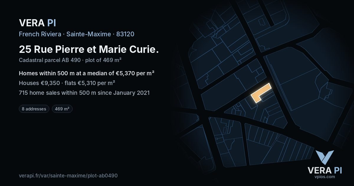 25 Rue Pierre et Marie Curie, Sainte-Maxime at night – the plot lit, the parcels around coloured by the prices near them