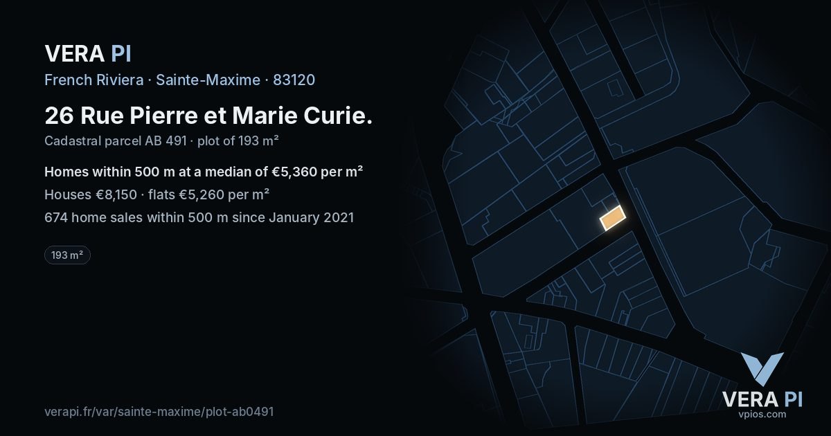 26 Rue Pierre et Marie Curie, Sainte-Maxime at night – the plot lit, the parcels around coloured by the prices near them