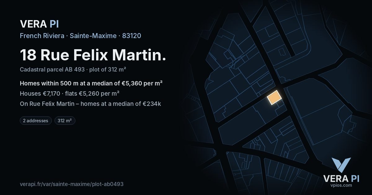 18 Rue Felix Martin, Sainte-Maxime at night – the plot lit, the parcels around coloured by the prices near them