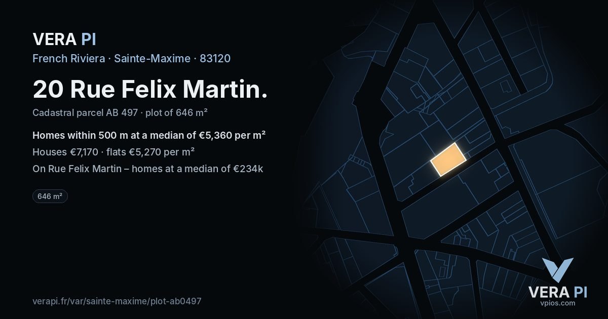 20 Rue Felix Martin, Sainte-Maxime at night – the plot lit, the parcels around coloured by the prices near them