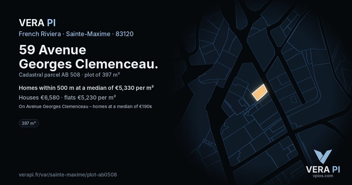 59 Avenue Georges Clemenceau, Sainte-Maxime at night – the plot lit, the parcels around coloured by the prices near them