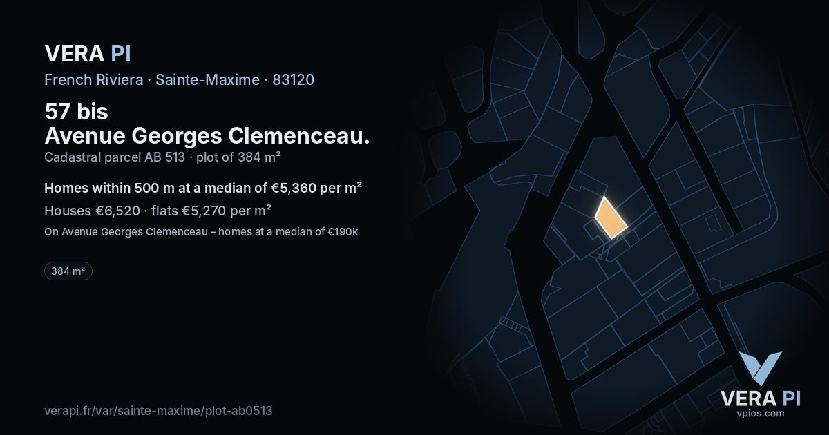 57 bis Avenue Georges Clemenceau, Sainte-Maxime at night – the plot lit, the parcels around coloured by the prices near them