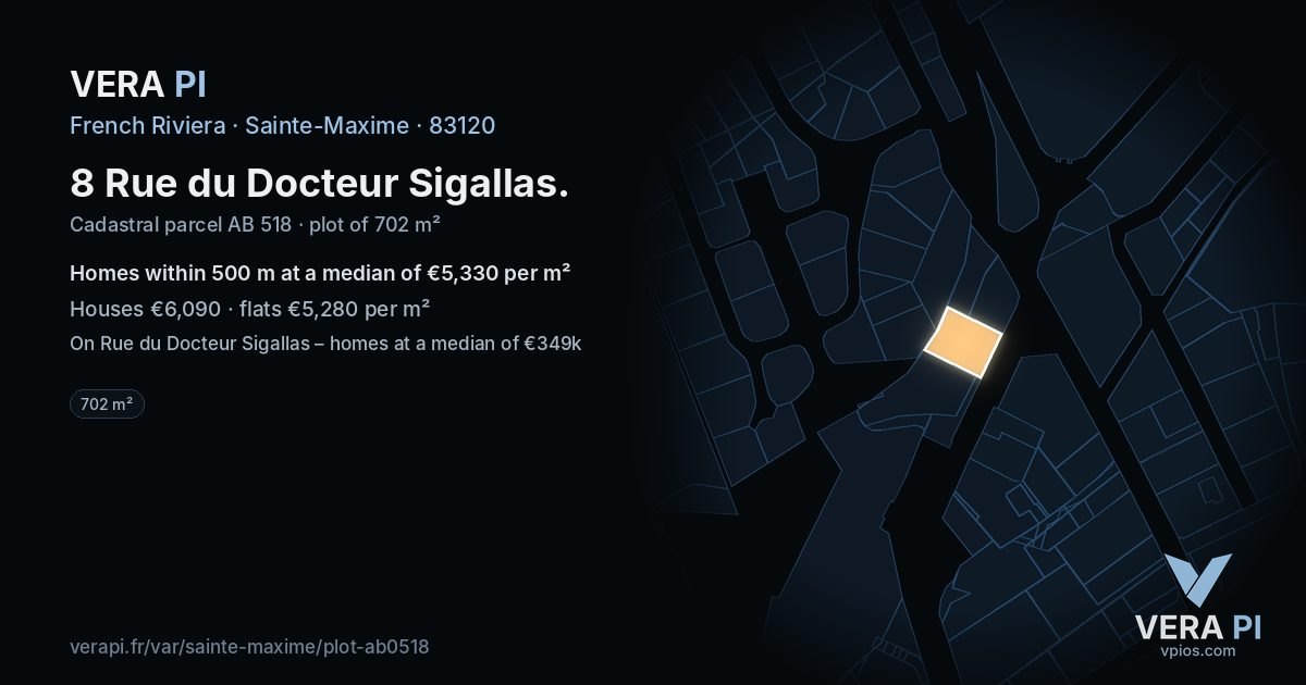 8 Rue du Docteur Sigallas, Sainte-Maxime at night – the plot lit, the parcels around coloured by the prices near them