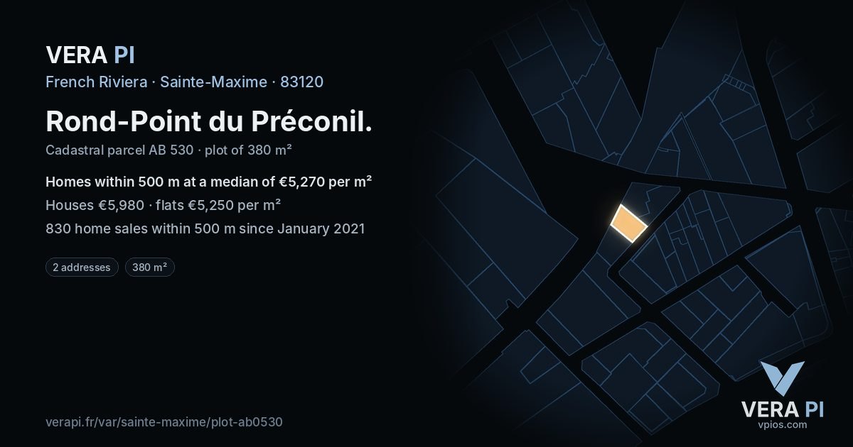 Rond-Point du Préconil, Sainte-Maxime at night – the plot lit, the parcels around coloured by the prices near them