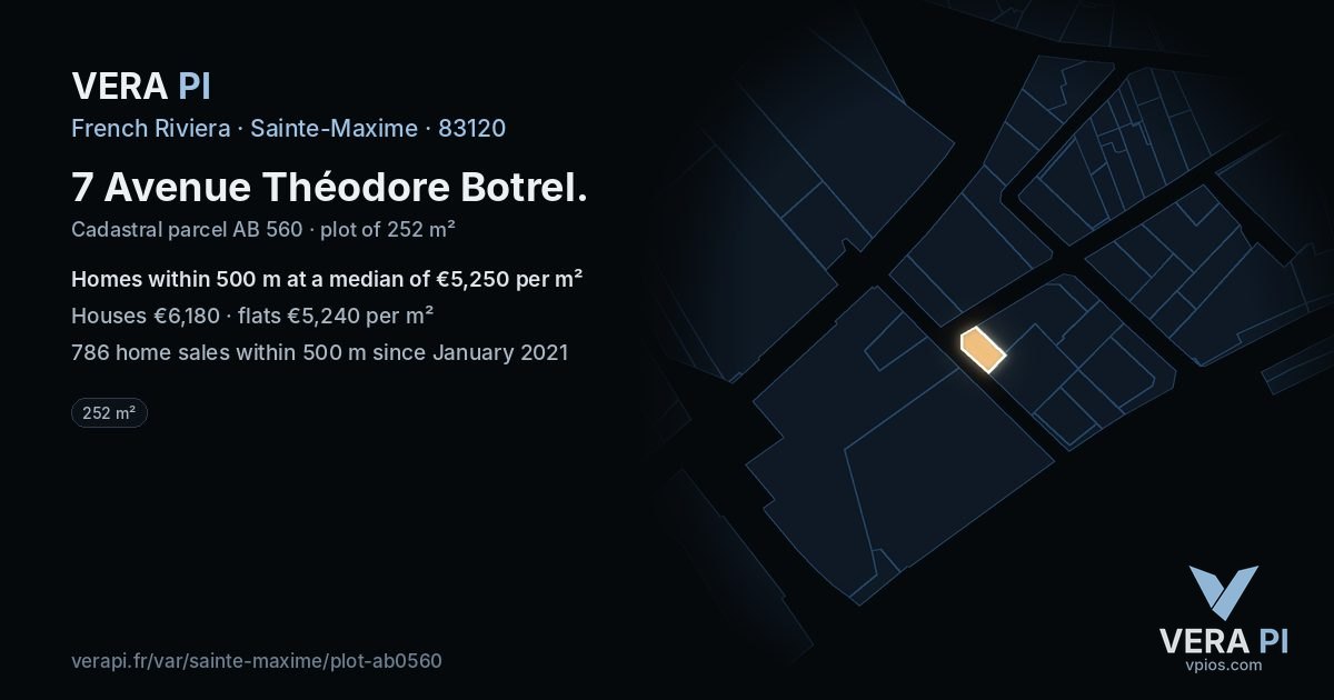 7 Avenue Théodore Botrel, Sainte-Maxime at night – the plot lit, the parcels around coloured by the prices near them