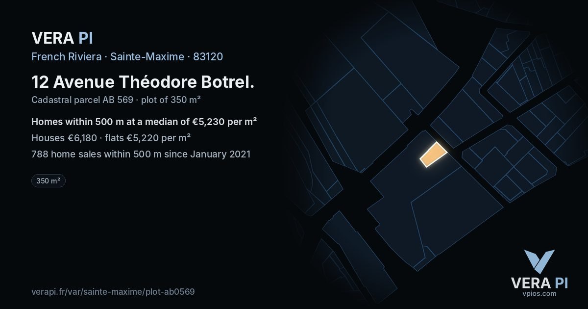 12 Avenue Théodore Botrel, Sainte-Maxime at night – the plot lit, the parcels around coloured by the prices near them
