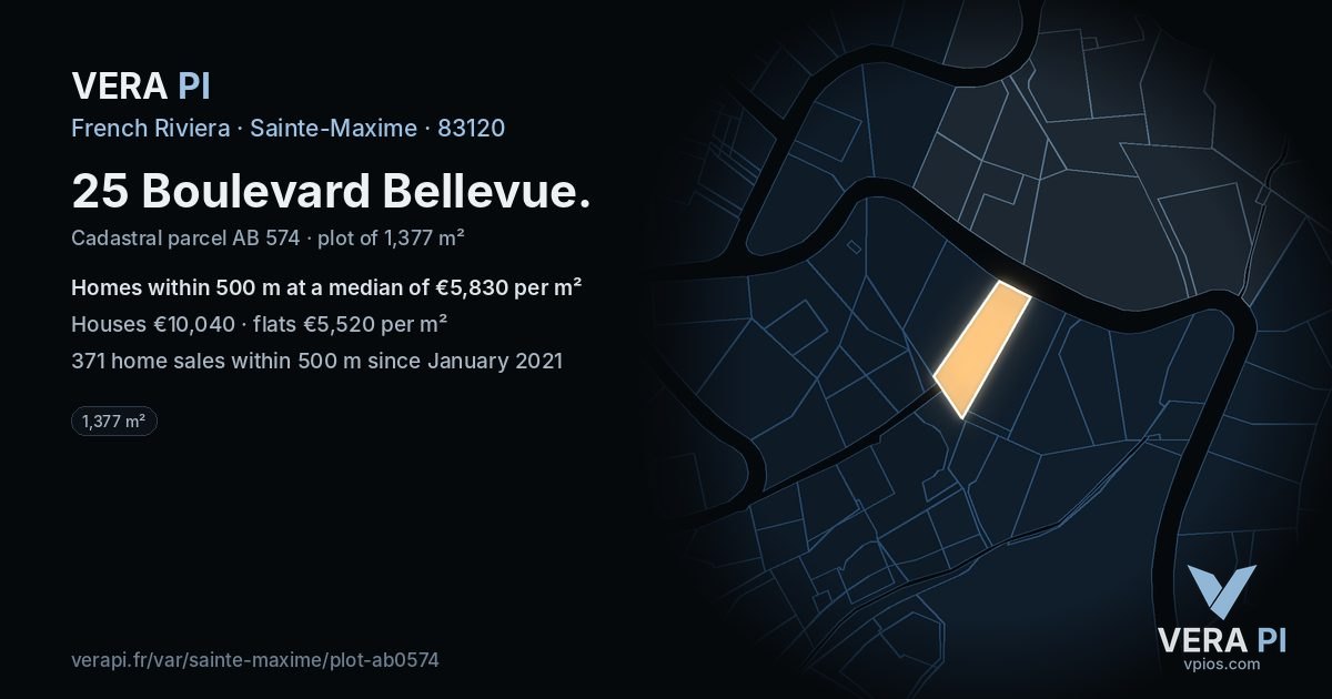 25 Boulevard Bellevue, Sainte-Maxime at night – the plot lit, the parcels around coloured by the prices near them