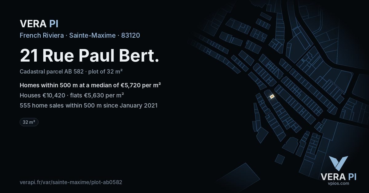 21 Rue Paul Bert, Sainte-Maxime at night – the plot lit, the parcels around coloured by the prices near them