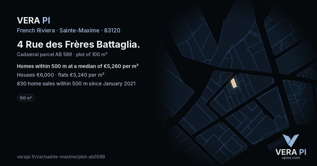 4 Rue des Frères Battaglia, Sainte-Maxime at night – the plot lit, the parcels around coloured by the prices near them