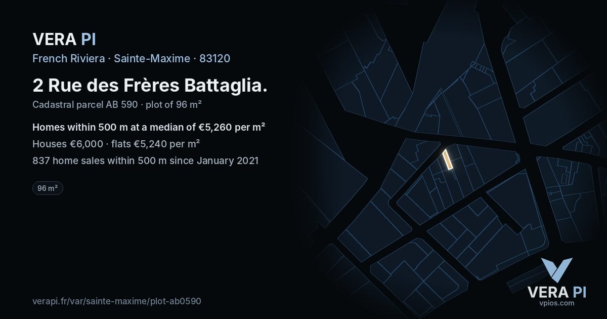 2 Rue des Frères Battaglia, Sainte-Maxime at night – the plot lit, the parcels around coloured by the prices near them