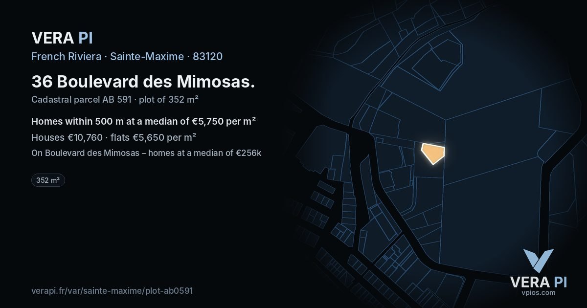 36 Boulevard des Mimosas, Sainte-Maxime at night – the plot lit, the parcels around coloured by the prices near them