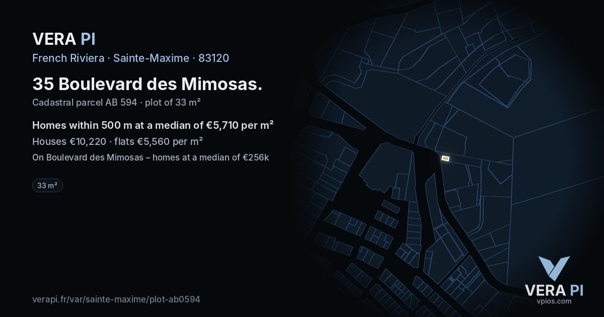 35 Boulevard des Mimosas, Sainte-Maxime at night – the plot lit, the parcels around coloured by the prices near them