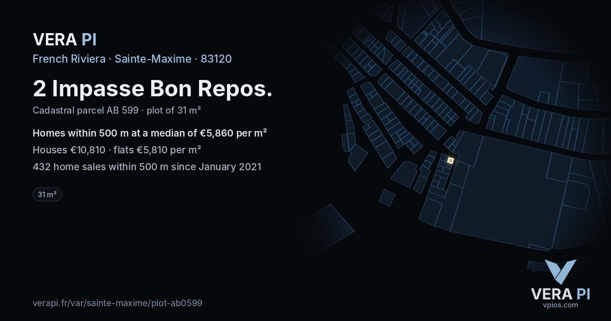 2 Impasse Bon Repos, Sainte-Maxime at night – the plot lit, the parcels around coloured by the prices near them