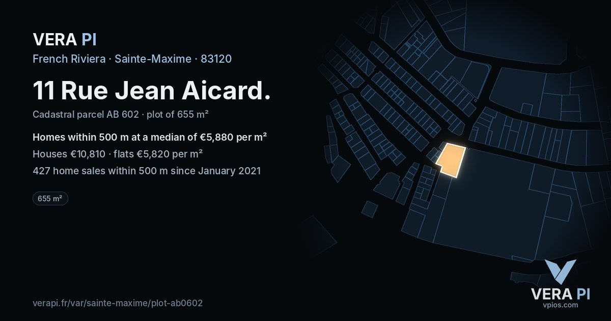 11 Rue Jean Aicard, Sainte-Maxime at night – the plot lit, the parcels around coloured by the prices near them