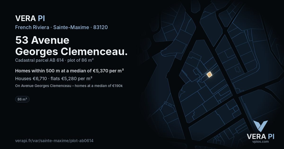 53 Avenue Georges Clemenceau, Sainte-Maxime at night – the plot lit, the parcels around coloured by the prices near them