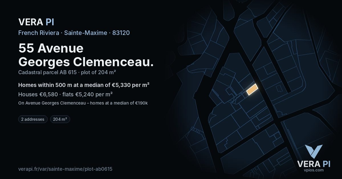 55 Avenue Georges Clemenceau, Sainte-Maxime at night – the plot lit, the parcels around coloured by the prices near them