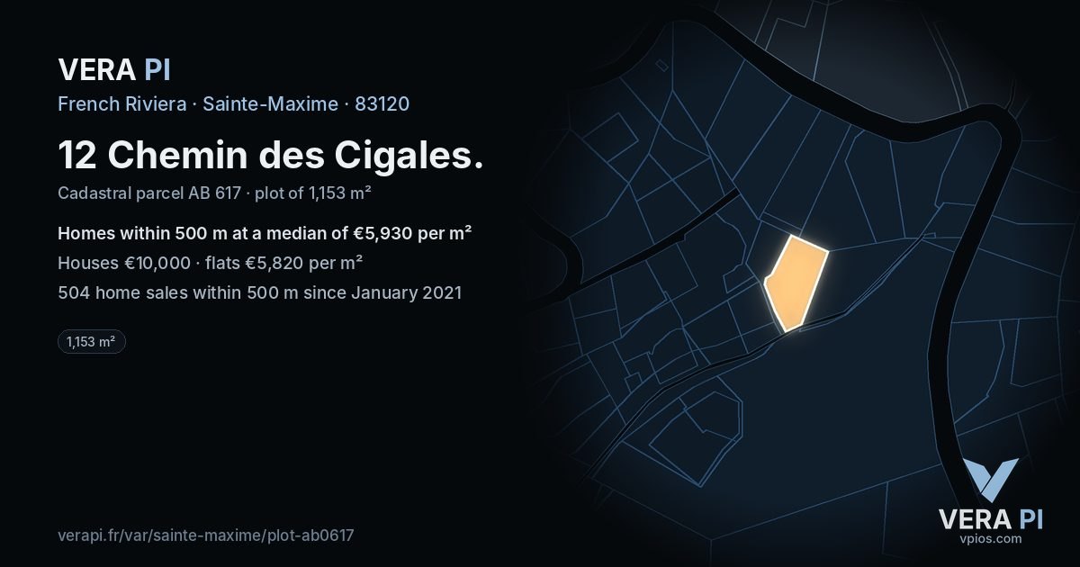 12 Chemin des Cigales, Sainte-Maxime at night – the plot lit, the parcels around coloured by the prices near them