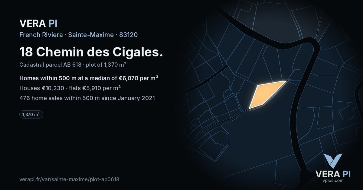 18 Chemin des Cigales, Sainte-Maxime at night – the plot lit, the parcels around coloured by the prices near them