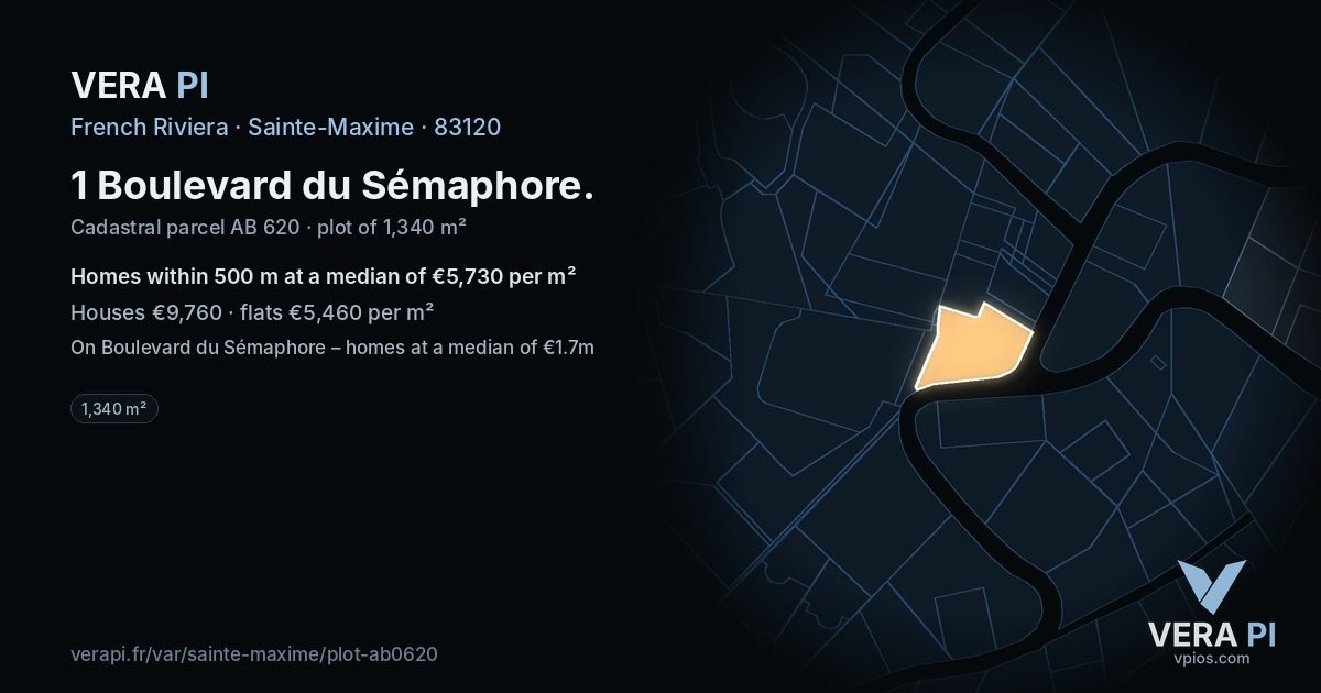 1 Boulevard du Sémaphore, Sainte-Maxime at night – the plot lit, the parcels around coloured by the prices near them
