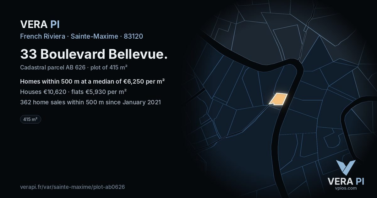 33 Boulevard Bellevue, Sainte-Maxime at night – the plot lit, the parcels around coloured by the prices near them