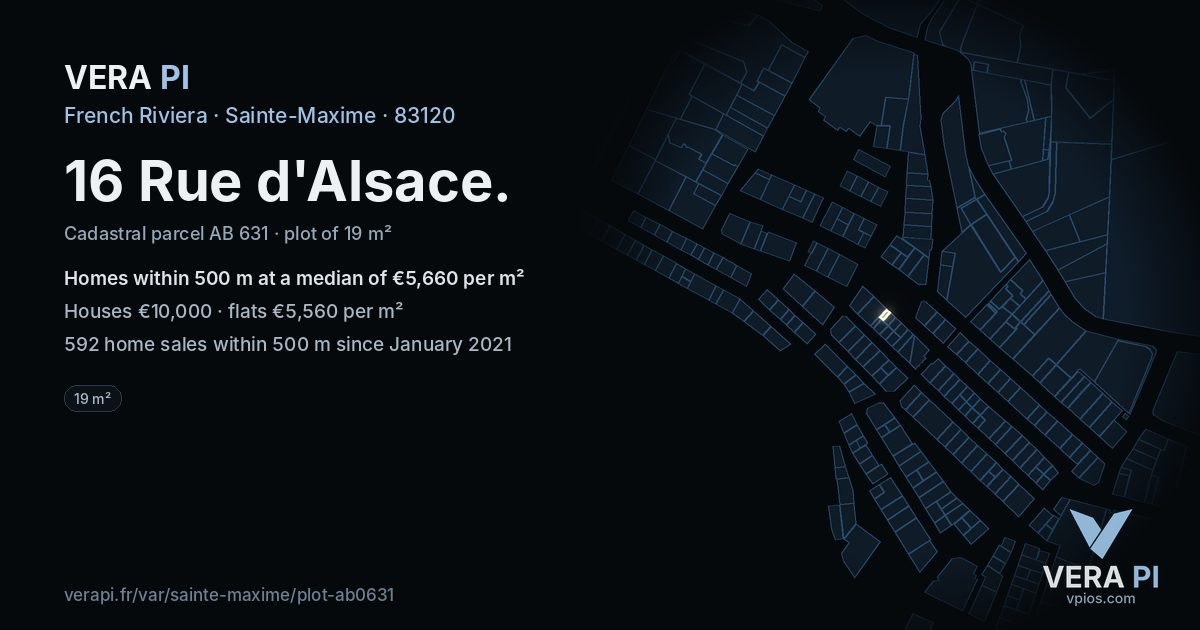 16 Rue d'Alsace, Sainte-Maxime at night – the plot lit, the parcels around coloured by the prices near them
