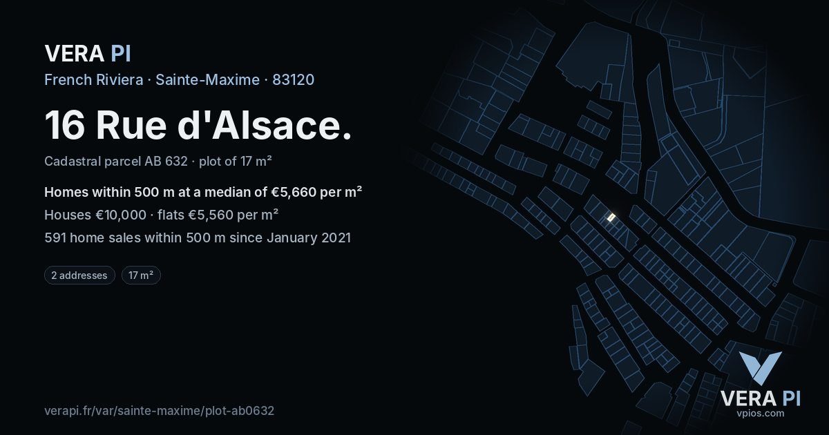 16 Rue d'Alsace, Sainte-Maxime at night – the plot lit, the parcels around coloured by the prices near them
