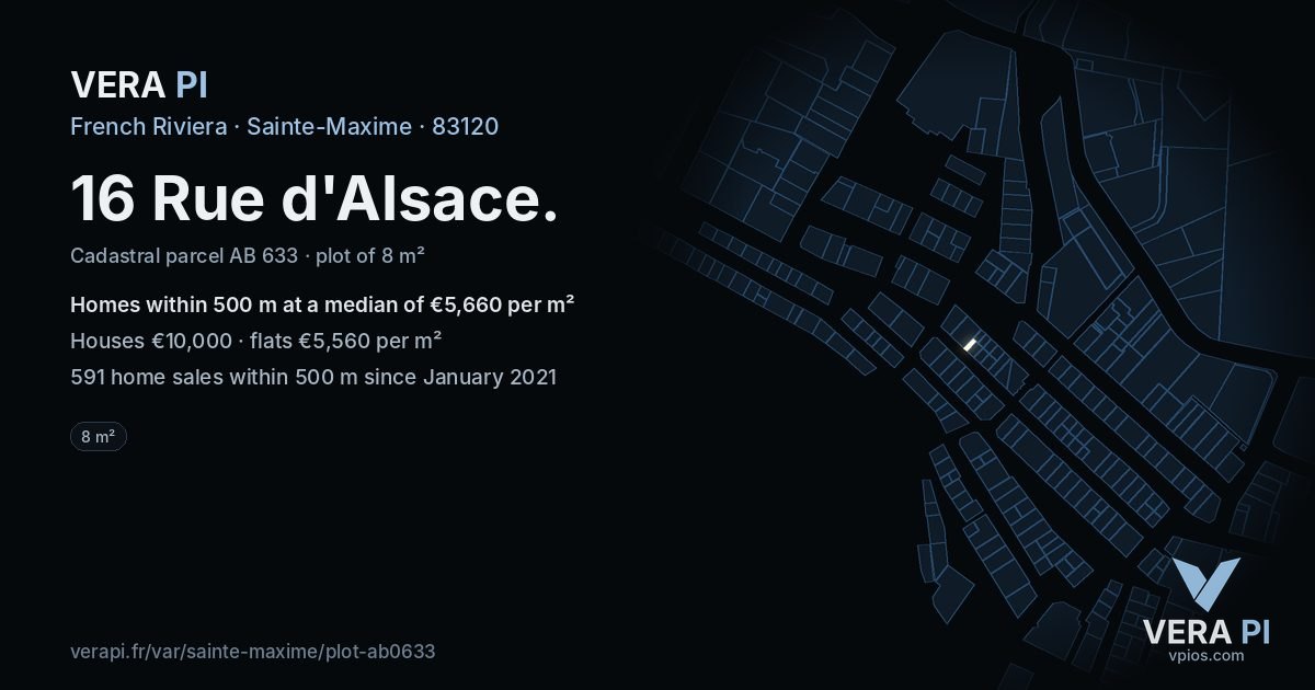 16 Rue d'Alsace, Sainte-Maxime at night – the plot lit, the parcels around coloured by the prices near them