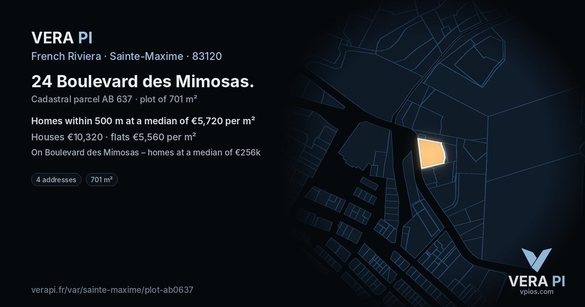 24 Boulevard des Mimosas, Sainte-Maxime at night – the plot lit, the parcels around coloured by the prices near them