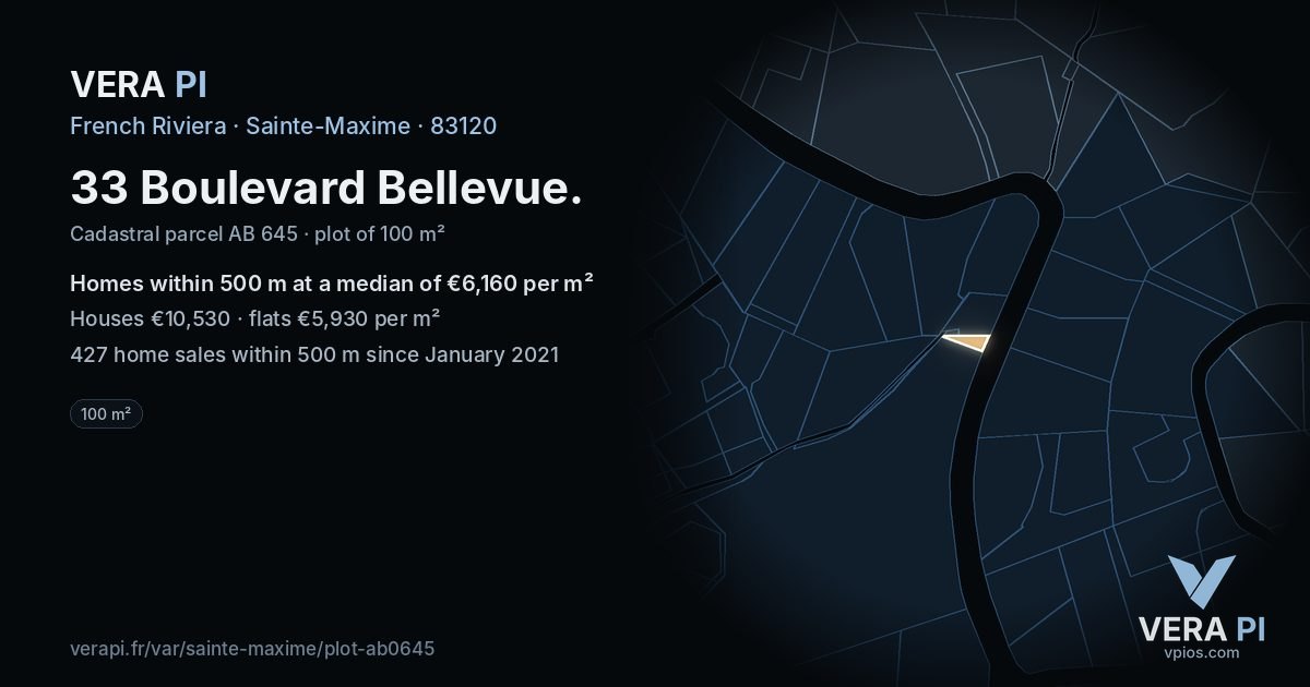 33 Boulevard Bellevue, Sainte-Maxime at night – the plot lit, the parcels around coloured by the prices near them