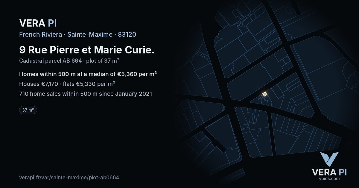 9 Rue Pierre et Marie Curie, Sainte-Maxime at night – the plot lit, the parcels around coloured by the prices near them