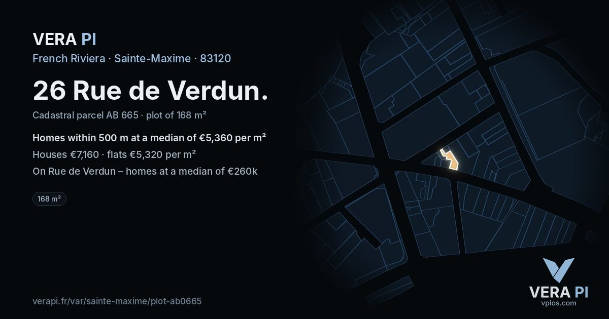 26 Rue de Verdun, Sainte-Maxime at night – the plot lit, the parcels around coloured by the prices near them