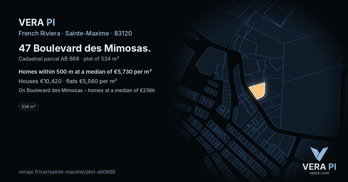 47 Boulevard des Mimosas, Sainte-Maxime at night – the plot lit, the parcels around coloured by the prices near them