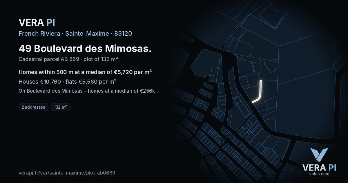 49 Boulevard des Mimosas, Sainte-Maxime at night – the plot lit, the parcels around coloured by the prices near them