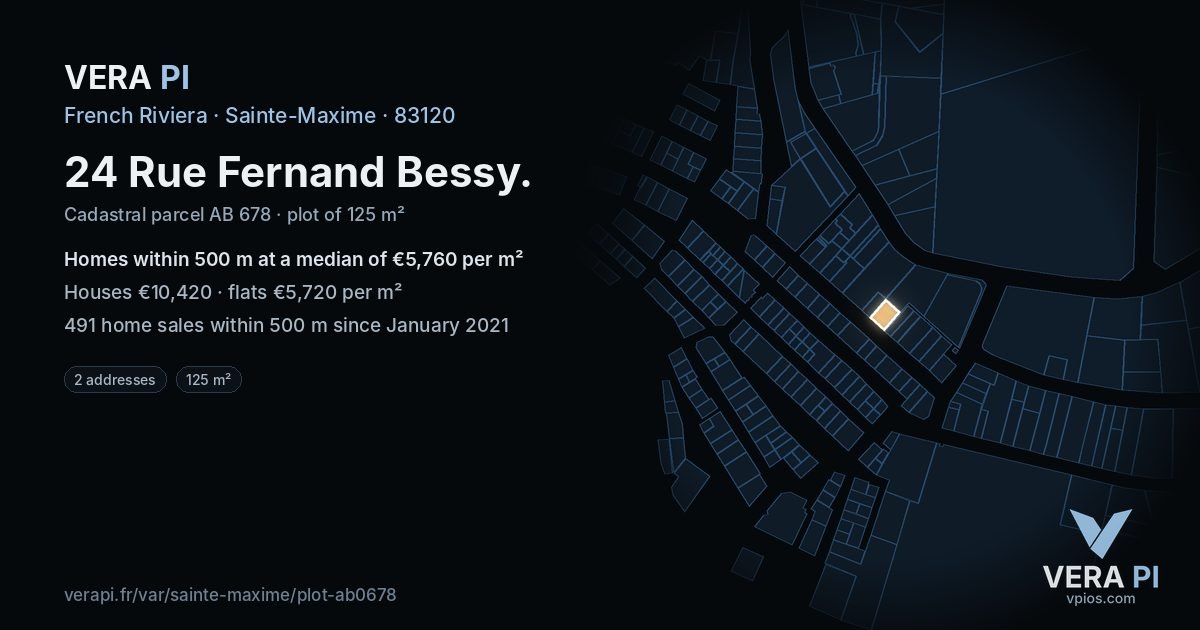 24 Rue Fernand Bessy, Sainte-Maxime at night – the plot lit, the parcels around coloured by the prices near them