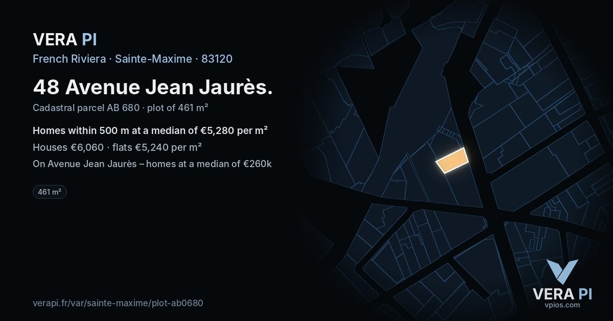 48 Avenue Jean Jaurès, Sainte-Maxime at night – the plot lit, the parcels around coloured by the prices near them