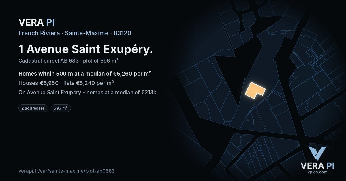 1 Avenue Saint Exupéry, Sainte-Maxime at night – the plot lit, the parcels around coloured by the prices near them