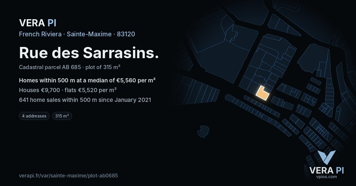 Rue des Sarrasins, Sainte-Maxime at night – the plot lit, the parcels around coloured by the prices near them