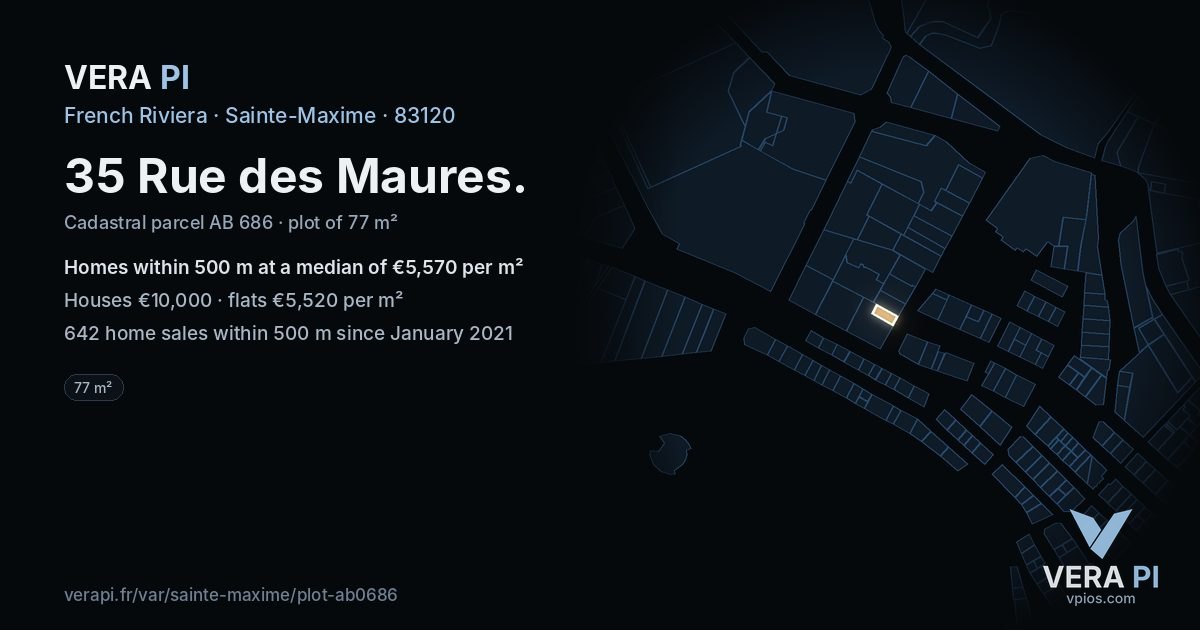 35 Rue des Maures, Sainte-Maxime at night – the plot lit, the parcels around coloured by the prices near them