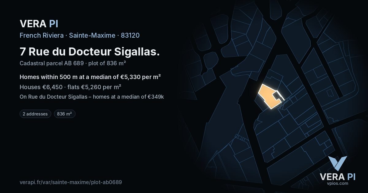 7 Rue du Docteur Sigallas, Sainte-Maxime at night – the plot lit, the parcels around coloured by the prices near them