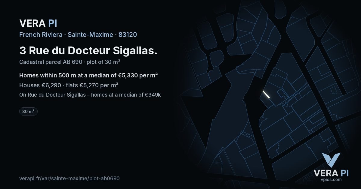 3 Rue du Docteur Sigallas, Sainte-Maxime at night – the plot lit, the parcels around coloured by the prices near them