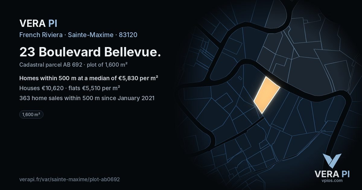 23 Boulevard Bellevue, Sainte-Maxime at night – the plot lit, the parcels around coloured by the prices near them