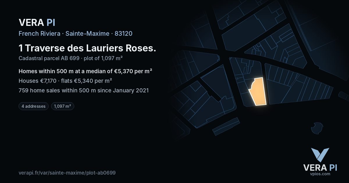 1 Traverse des Lauriers Roses, Sainte-Maxime at night – the plot lit, the parcels around coloured by the prices near them