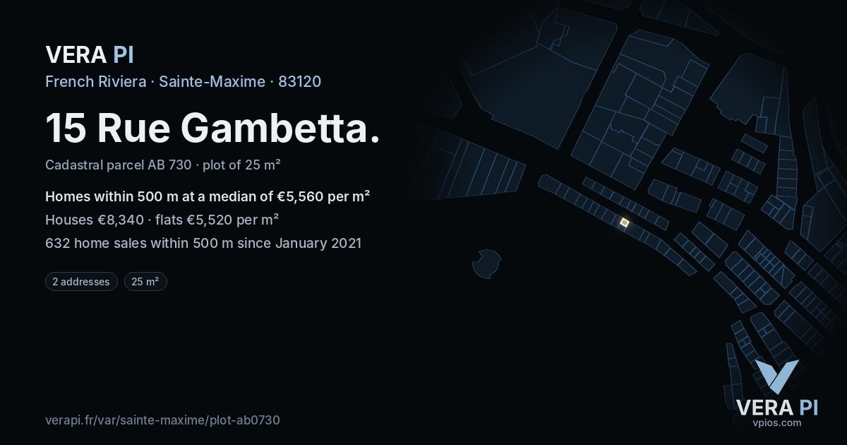 15 Rue Gambetta, Sainte-Maxime at night – the plot lit, the parcels around coloured by the prices near them