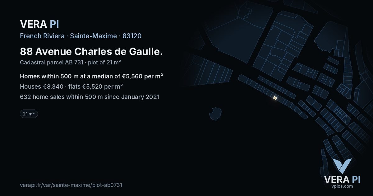 88 Avenue Charles de Gaulle, Sainte-Maxime at night – the plot lit, the parcels around coloured by the prices near them