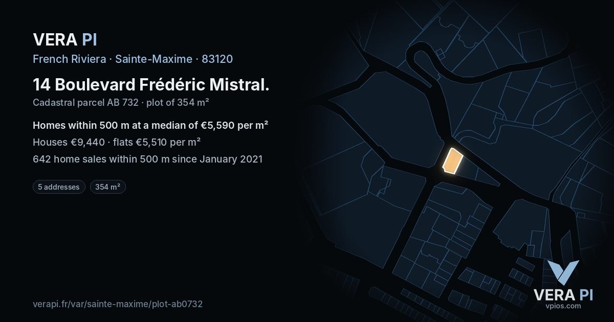 14 Boulevard Frédéric Mistral, Sainte-Maxime at night – the plot lit, the parcels around coloured by the prices near them